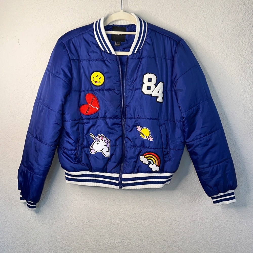 Forever 21 Kids Royal Blue Puffer Jacket with Fun Patches